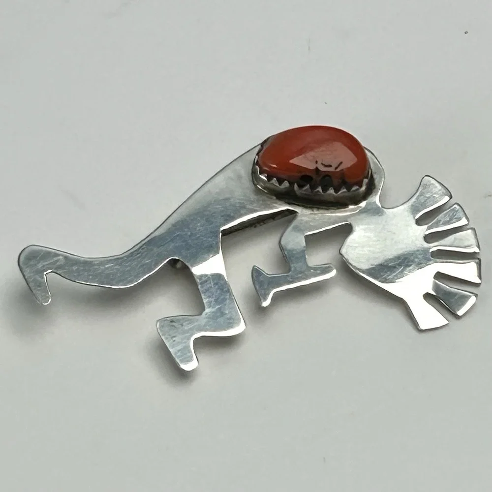 Kokopelli Sterling Silver Red Coral Brooch Pin Arrow Hallmark 3.45g